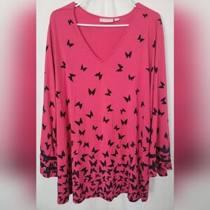 Belle by Kim Gravel Pink Black Butterfly Long Sleeve Top Stretch Women Size 2x
